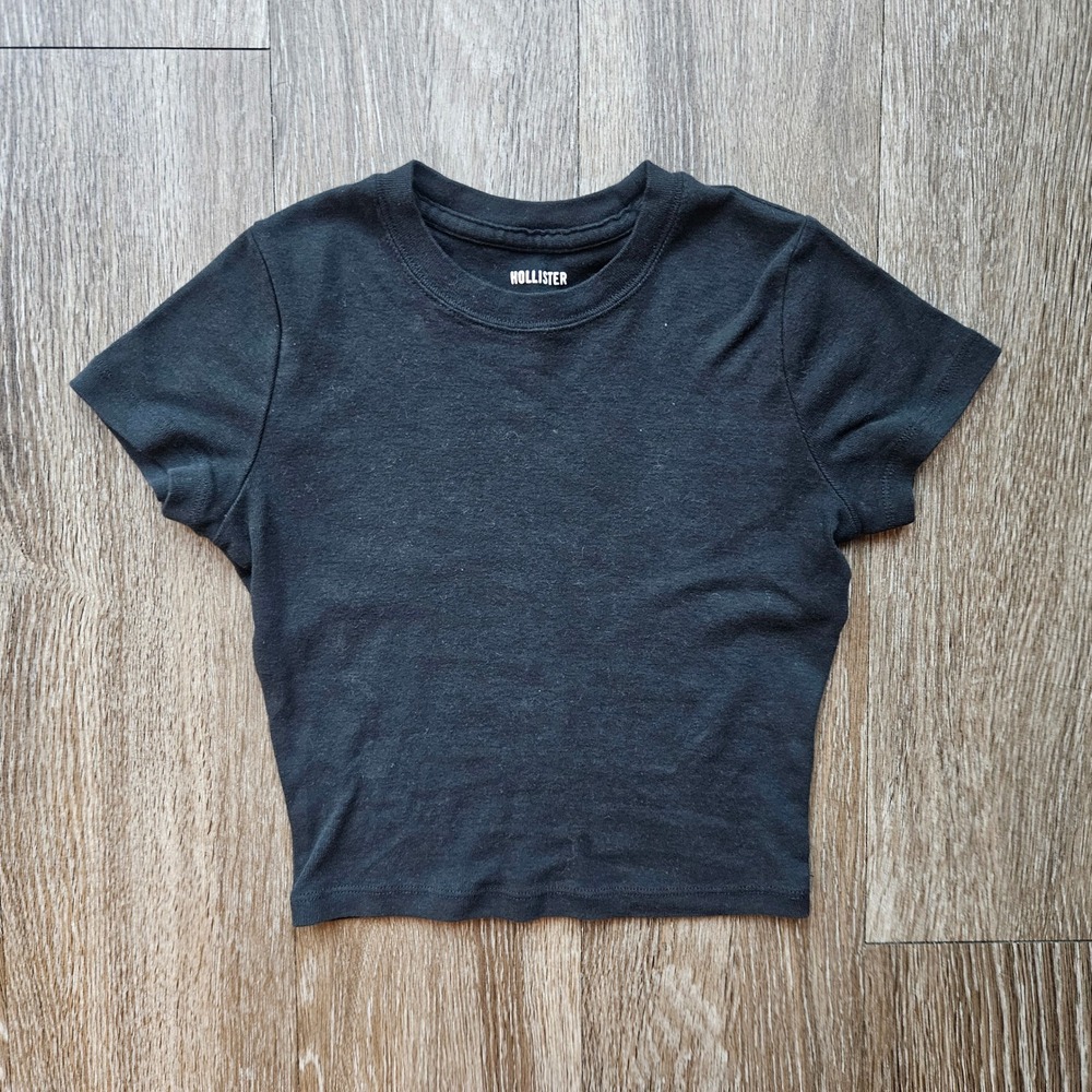 Hollister Womens Black Cotton Short Sleeve Cropped Baby Tee Shirt XXS